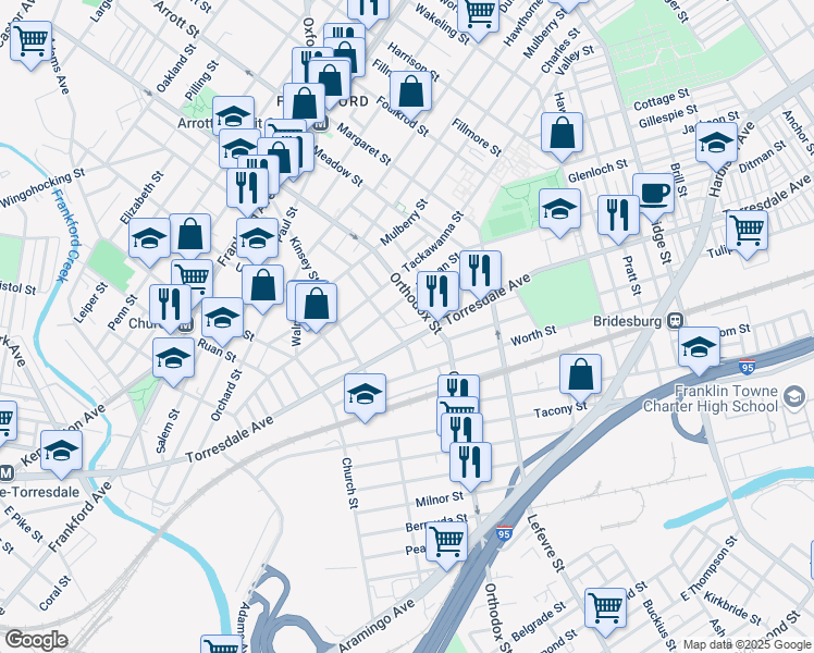 map of restaurants, bars, coffee shops, grocery stores, and more near 3218 Pear Street in Philadelphia
