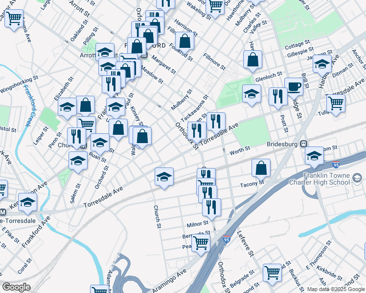 map of restaurants, bars, coffee shops, grocery stores, and more near 3214 Pear Street in Philadelphia