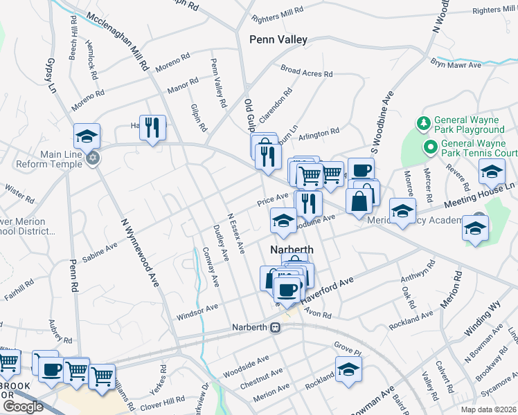 map of restaurants, bars, coffee shops, grocery stores, and more near 214 Price Avenue in Narberth