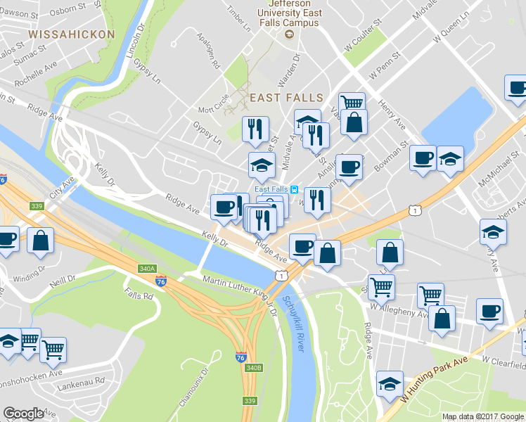 map of restaurants, bars, coffee shops, grocery stores, and more near 3645 Eveline Street in Philadelphia