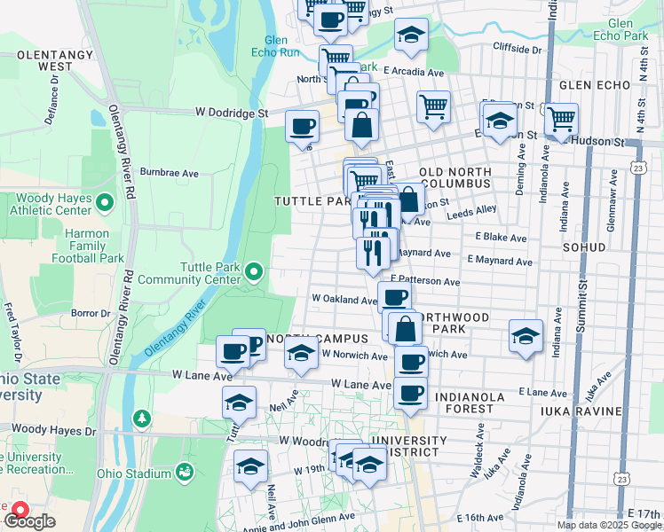 map of restaurants, bars, coffee shops, grocery stores, and more near 2369 Williams Street in Columbus