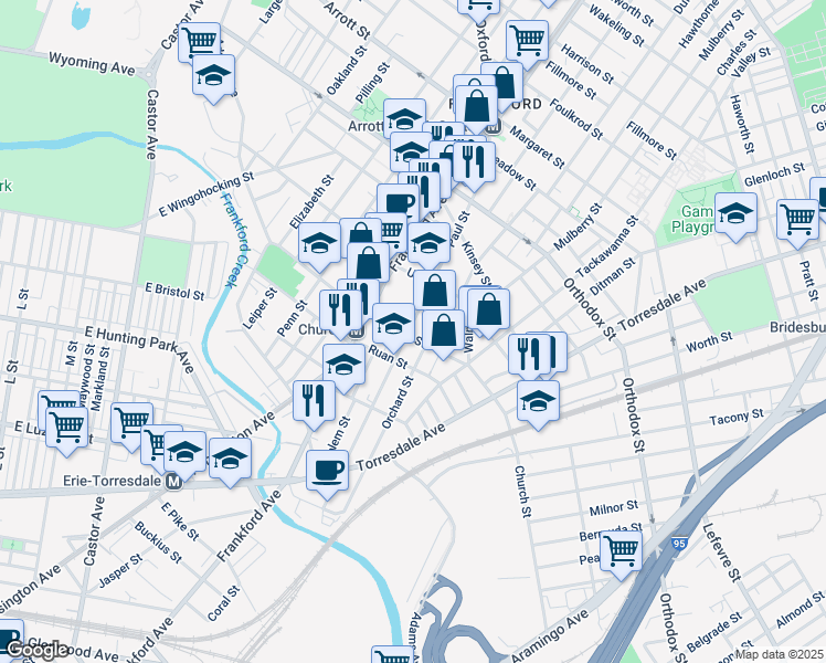 map of restaurants, bars, coffee shops, grocery stores, and more near 4301 Paul Street in Philadelphia
