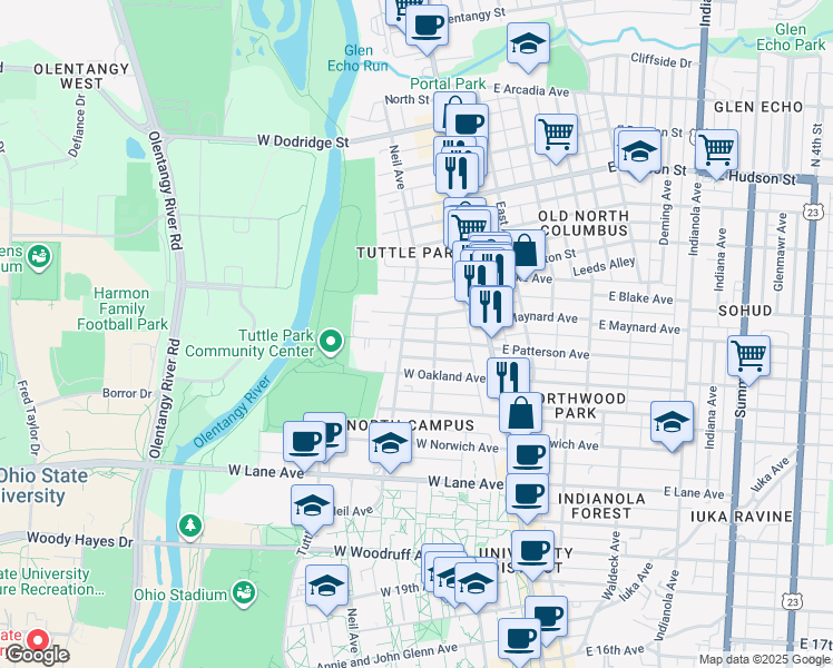 map of restaurants, bars, coffee shops, grocery stores, and more near 97 West Maynard Avenue in Columbus