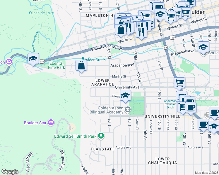 map of restaurants, bars, coffee shops, grocery stores, and more near 6th Street in Boulder