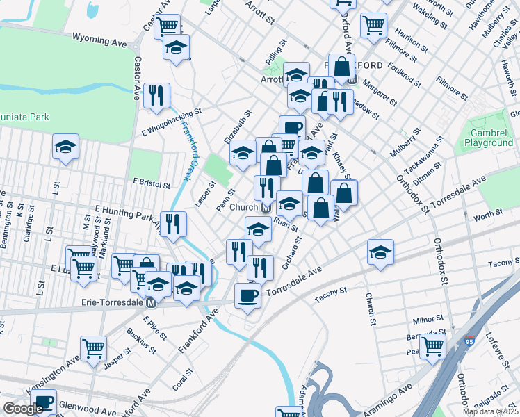 map of restaurants, bars, coffee shops, grocery stores, and more near 4264 Frankford Avenue in Philadelphia