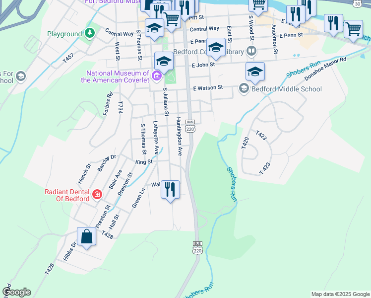 map of restaurants, bars, coffee shops, grocery stores, and more near 620 South Richard Street in Bedford