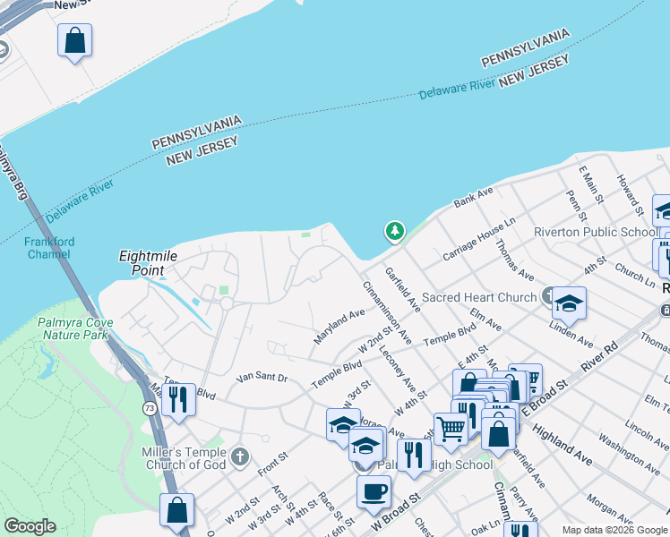 map of restaurants, bars, coffee shops, grocery stores, and more near 1097 Harbour Drive in Palmyra