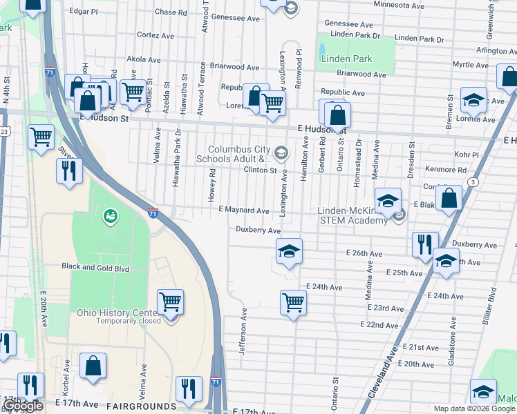 map of restaurants, bars, coffee shops, grocery stores, and more near 2230 Mcguffey Road in Columbus