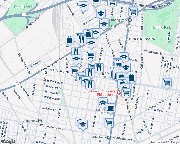 map of restaurants, bars, coffee shops, grocery stores, and more near 3717 North Bouvier Street in Philadelphia