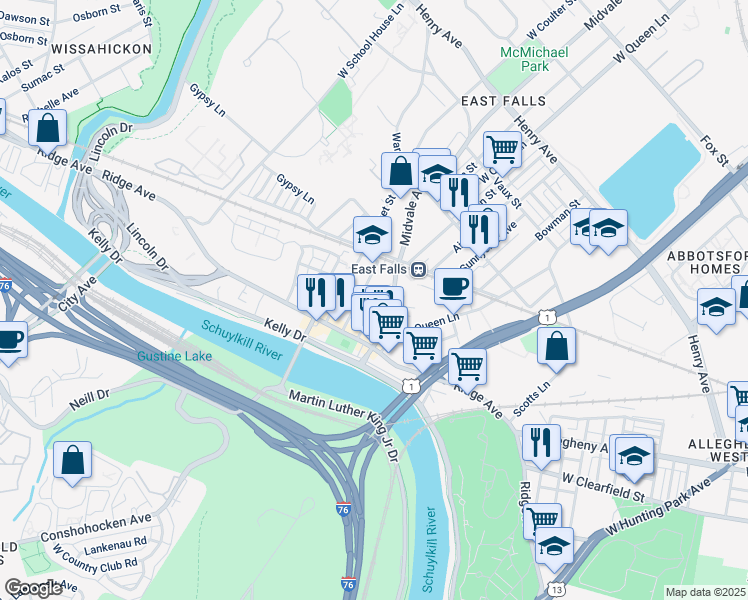 map of restaurants, bars, coffee shops, grocery stores, and more near 3645 Eveline Street in Philadelphia