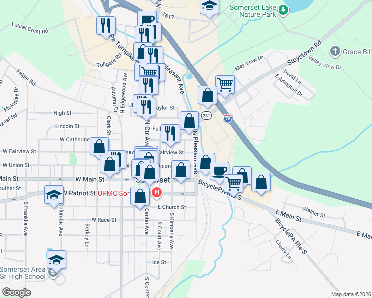 map of restaurants, bars, coffee shops, grocery stores, and more near 232 East Catherine Street in Somerset