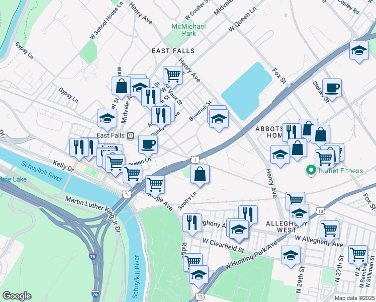 map of restaurants, bars, coffee shops, grocery stores, and more near 3443 Crawford Street in Philadelphia