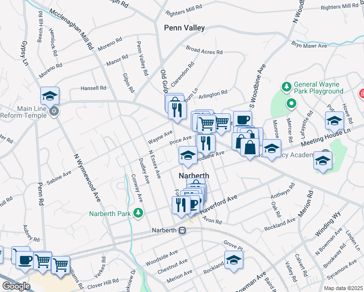 map of restaurants, bars, coffee shops, grocery stores, and more near 325 Grayling Avenue in Narberth