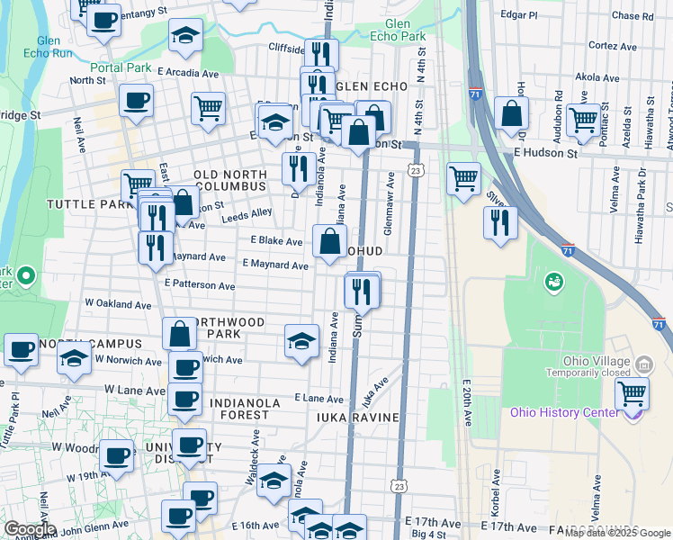 map of restaurants, bars, coffee shops, grocery stores, and more near 347 East Maynard Avenue in Columbus