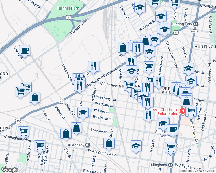map of restaurants, bars, coffee shops, grocery stores, and more near 3661 North 21st Street in Philadelphia