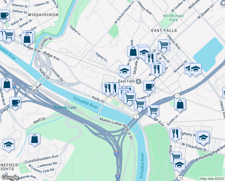 map of restaurants, bars, coffee shops, grocery stores, and more near 3719 Calumet Street in Philadelphia