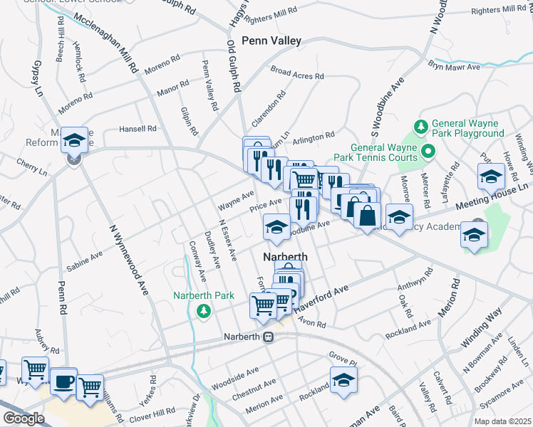 map of restaurants, bars, coffee shops, grocery stores, and more near 325 Grayling Avenue in Narberth
