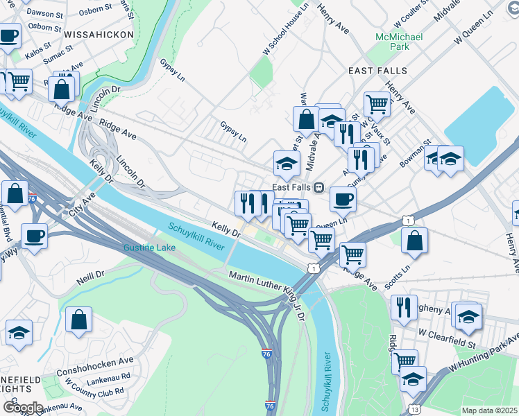 map of restaurants, bars, coffee shops, grocery stores, and more near 3719 Calumet Street in Philadelphia