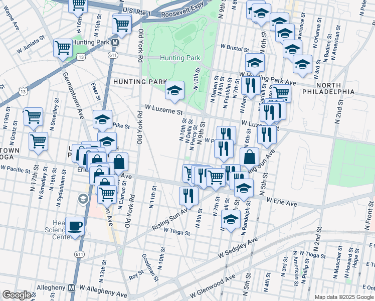 map of restaurants, bars, coffee shops, grocery stores, and more near 3851 North Percy Street in Philadelphia