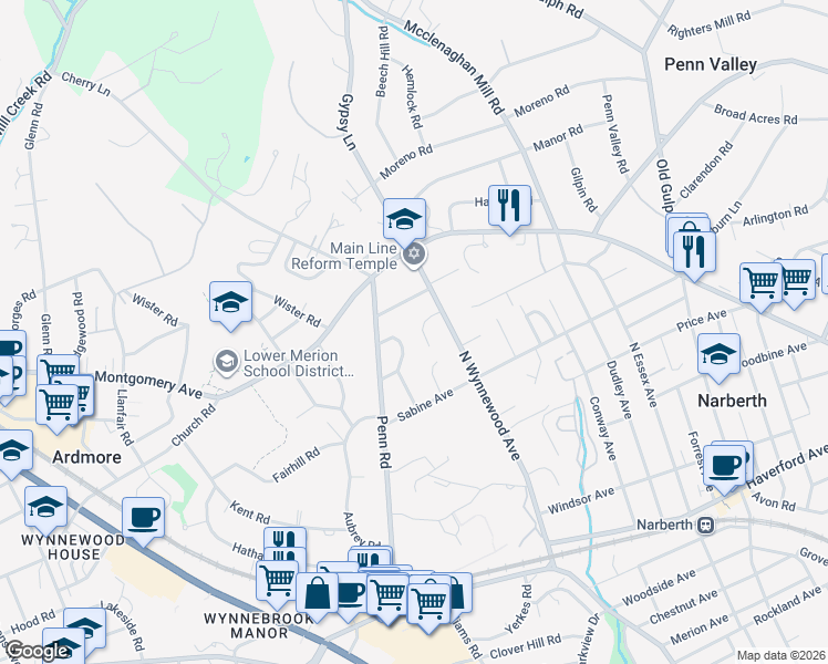 map of restaurants, bars, coffee shops, grocery stores, and more near 406 Wynmere Road in Wynnewood