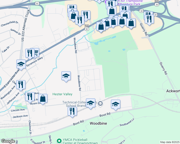 map of restaurants, bars, coffee shops, grocery stores, and more near 605 Albion Place in Downingtown