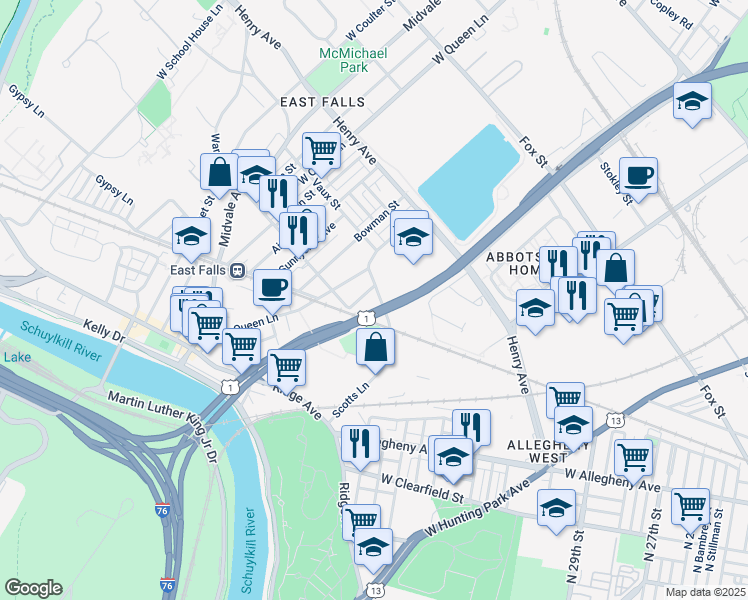 map of restaurants, bars, coffee shops, grocery stores, and more near 3230 Scotts Lane in Philadelphia