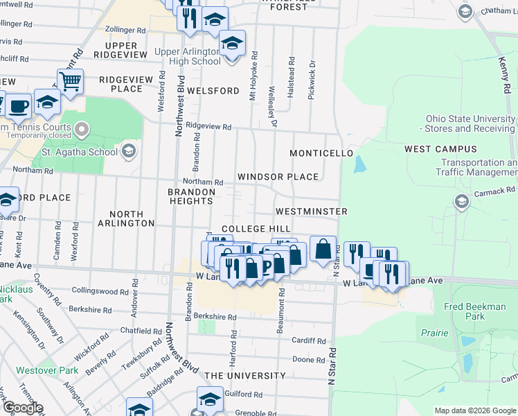 map of restaurants, bars, coffee shops, grocery stores, and more near 2615 Wellesley Drive in Columbus