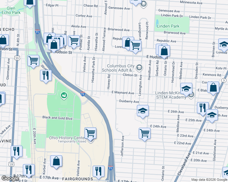 map of restaurants, bars, coffee shops, grocery stores, and more near 2248 Howey Road in Columbus