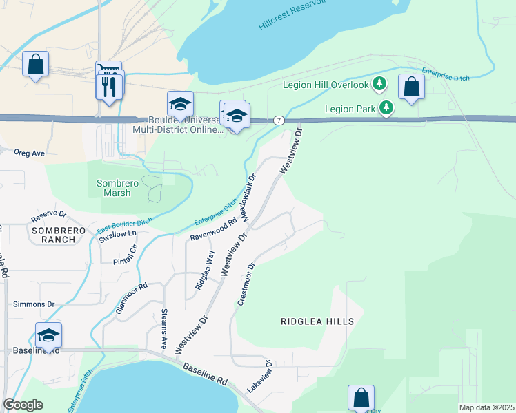 map of restaurants, bars, coffee shops, grocery stores, and more near 1379 Westview Drive in Boulder
