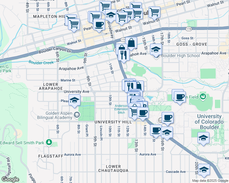 map of restaurants, bars, coffee shops, grocery stores, and more near 1046 Grandview Avenue in Boulder