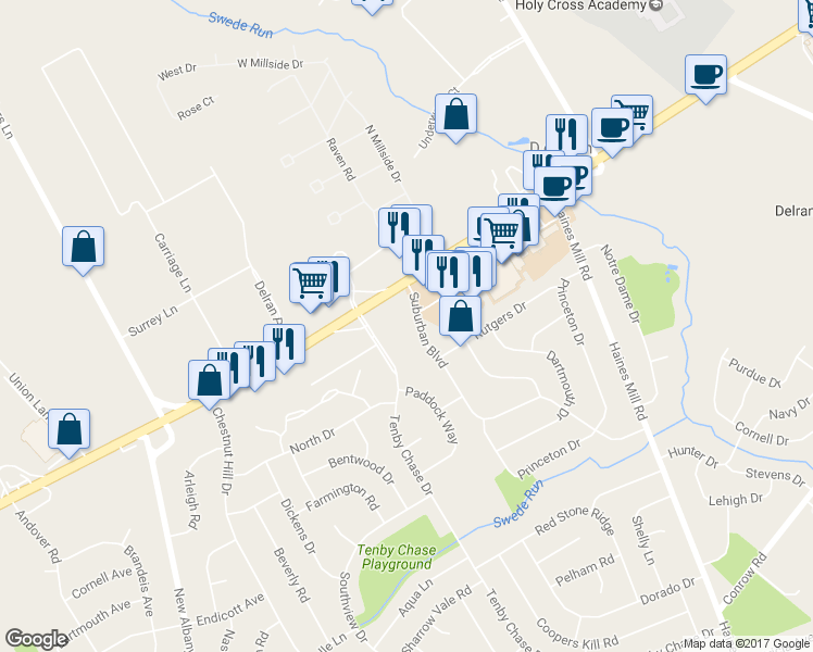 map of restaurants, bars, coffee shops, grocery stores, and more near 94 Suburban Boulevard in Delran