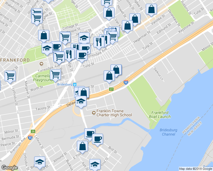 map of restaurants, bars, coffee shops, grocery stores, and more near 2230 Fraley Street in Philadelphia