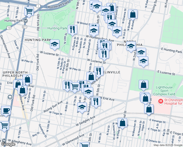 map of restaurants, bars, coffee shops, grocery stores, and more near 3901 North 6th Street in Philadelphia