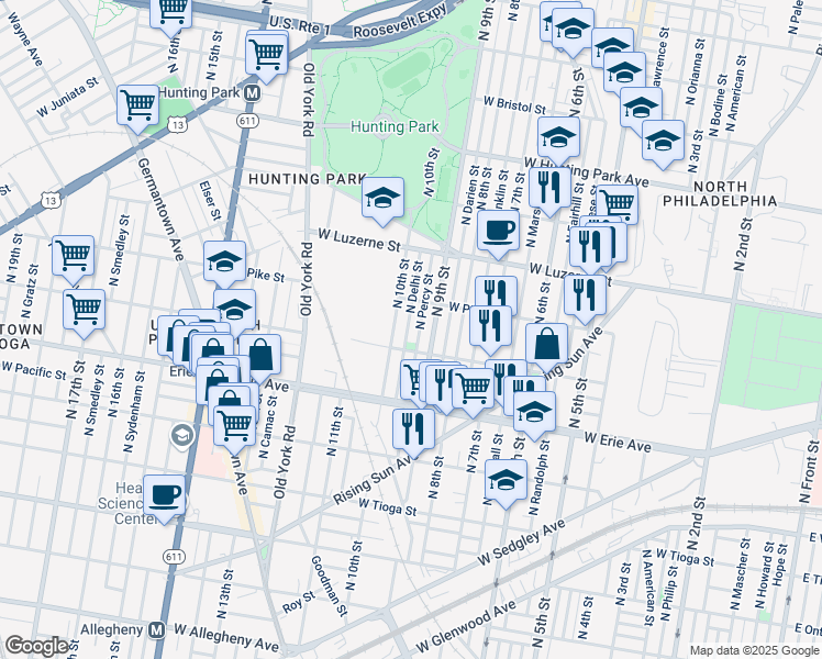 map of restaurants, bars, coffee shops, grocery stores, and more near 3851 North Percy Street in Philadelphia