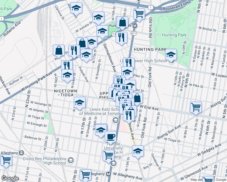 map of restaurants, bars, coffee shops, grocery stores, and more near 3759 North Sydenham Street in Philadelphia