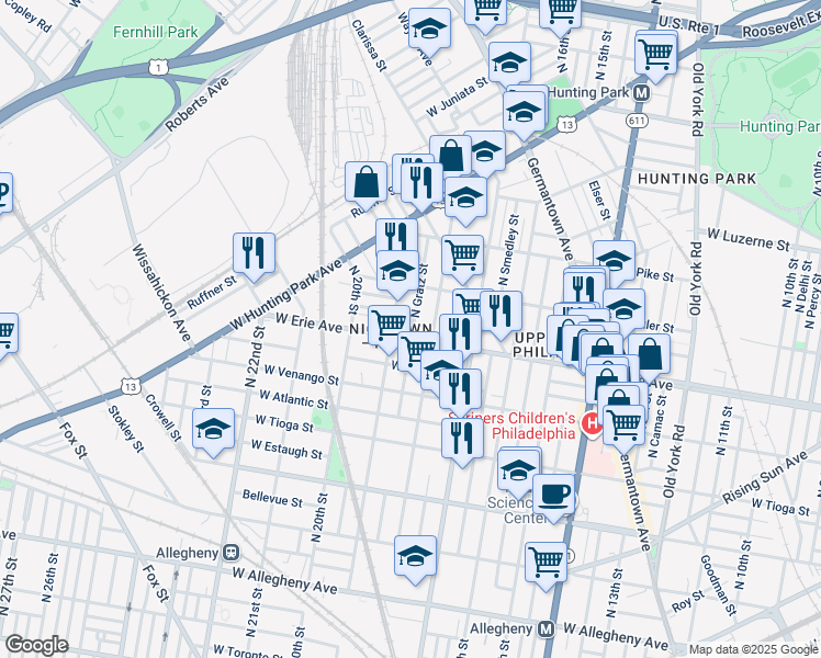 map of restaurants, bars, coffee shops, grocery stores, and more near 3727 North 19th Street in Philadelphia
