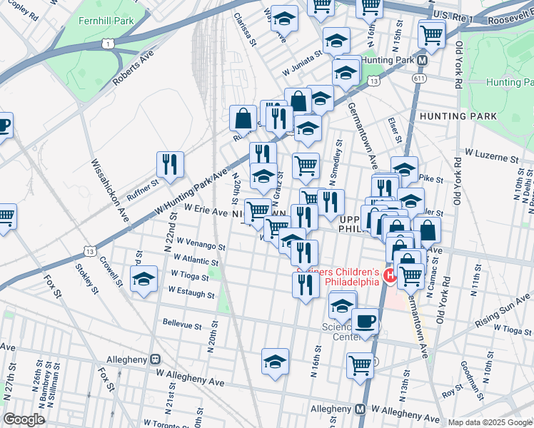 map of restaurants, bars, coffee shops, grocery stores, and more near 3727 North 19th Street in Philadelphia