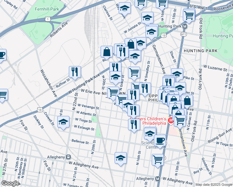 map of restaurants, bars, coffee shops, grocery stores, and more near 3727 North 19th Street in Philadelphia