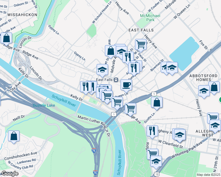 map of restaurants, bars, coffee shops, grocery stores, and more near in Philadelphia