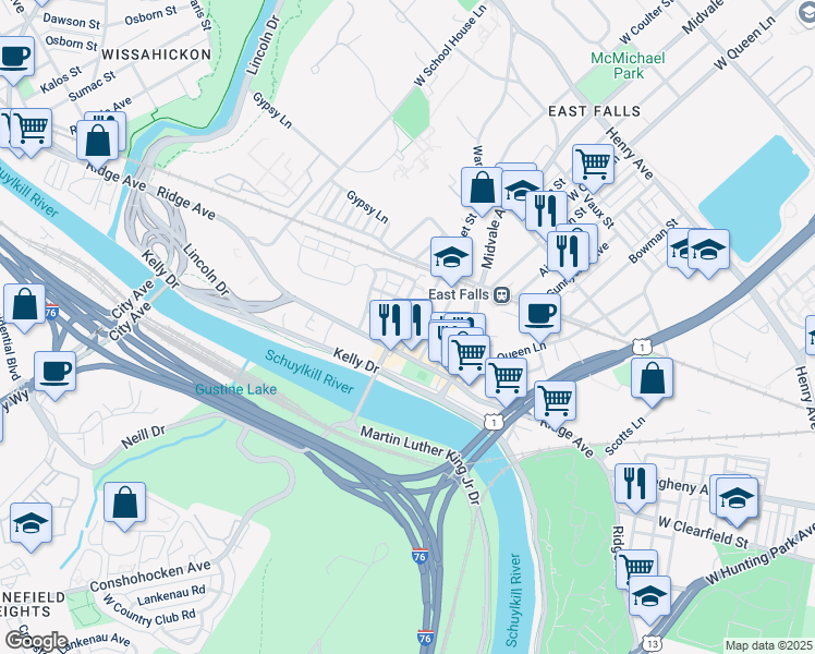 map of restaurants, bars, coffee shops, grocery stores, and more near 3678 Calumet Street in Philadelphia