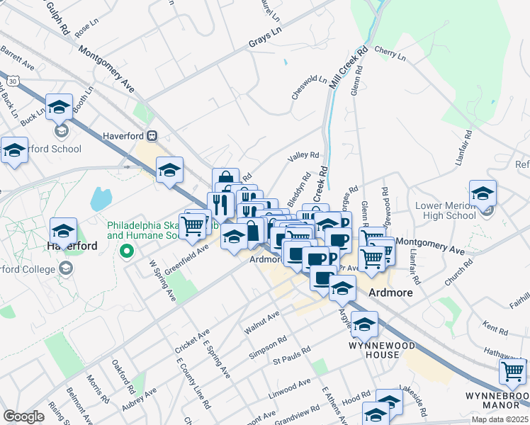 map of restaurants, bars, coffee shops, grocery stores, and more near 101 Valley Road in Ardmore