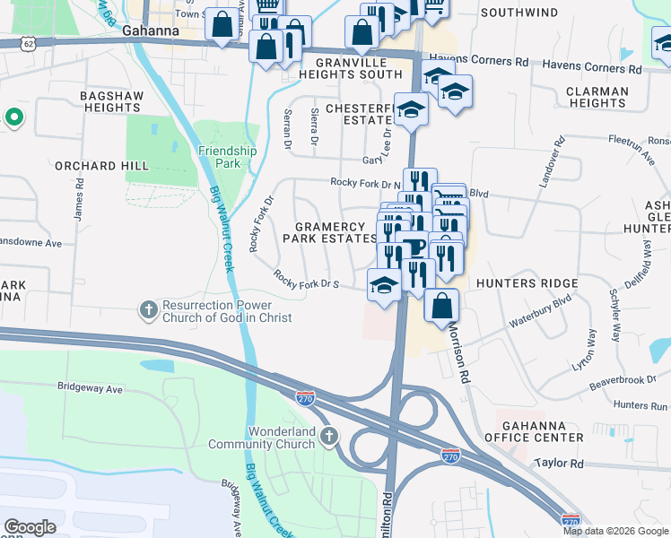 map of restaurants, bars, coffee shops, grocery stores, and more near 326 Broken Arrow Road in Columbus