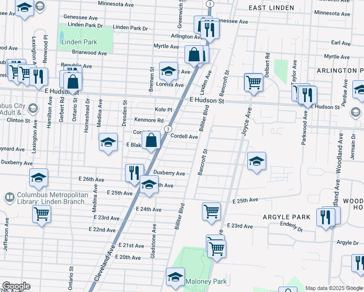 map of restaurants, bars, coffee shops, grocery stores, and more near 1547 Cordell Avenue in Columbus