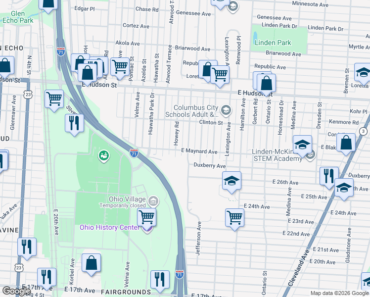 map of restaurants, bars, coffee shops, grocery stores, and more near 2248 Howey Road in Columbus