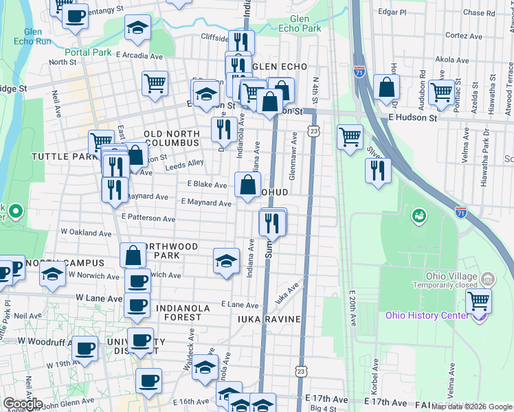 map of restaurants, bars, coffee shops, grocery stores, and more near in Columbus