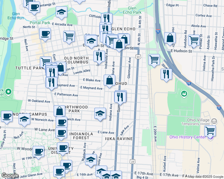 map of restaurants, bars, coffee shops, grocery stores, and more near 347 East Maynard Avenue in Columbus