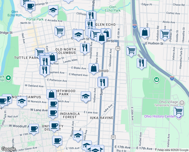 map of restaurants, bars, coffee shops, grocery stores, and more near in Columbus