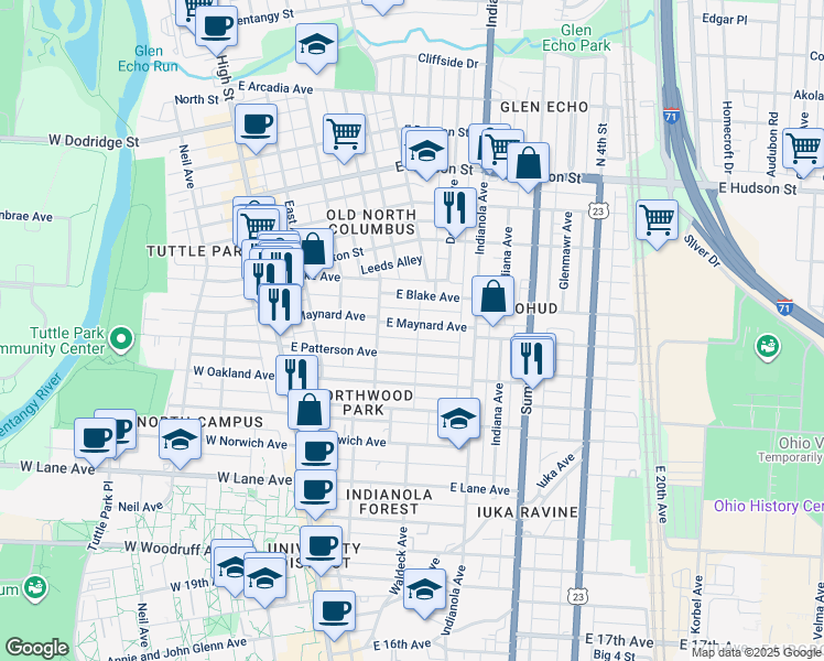 map of restaurants, bars, coffee shops, grocery stores, and more near 174 East Maynard Avenue in Columbus