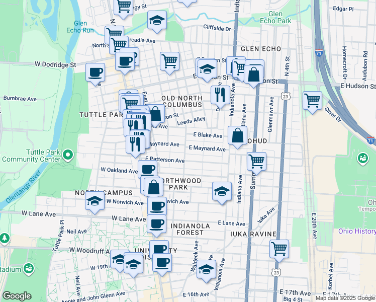 map of restaurants, bars, coffee shops, grocery stores, and more near 174 East Maynard Avenue in Columbus