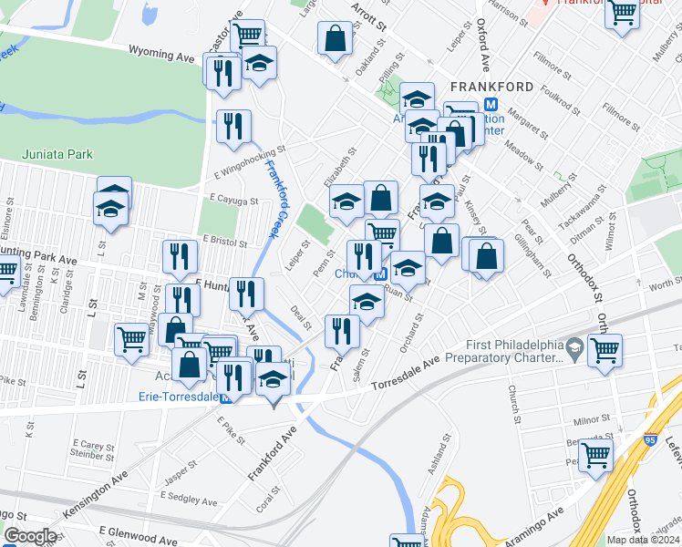 map of restaurants, bars, coffee shops, grocery stores, and more near 4263 Griscom Street in Philadelphia